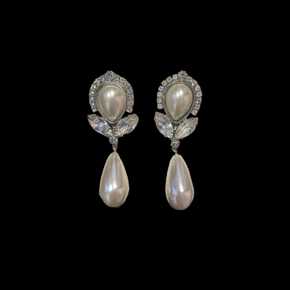 Vintage Faux Pearl Drop Multi-Diamond Pierced Earrings by Crystal Accents